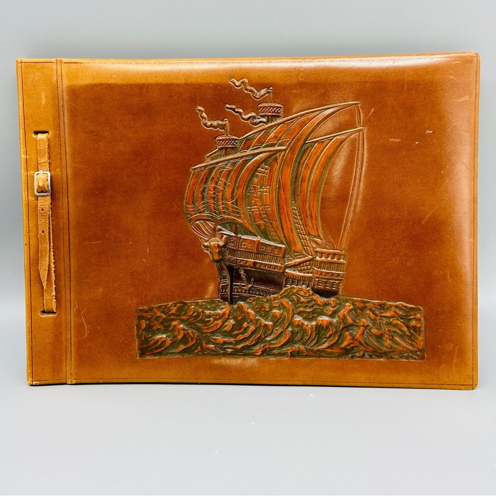 Vintage Tooled Leather Sailing Travel Photo Album/ Scrapbook Ship
